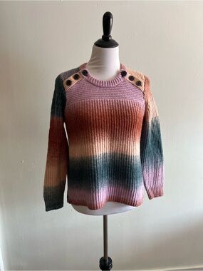 Madewell Multicolor Ombre Ribbed Crewneck Sweater with Shoulder Buttons